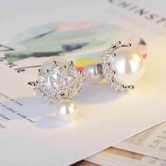 NEW 925 Sterling Silver Diamond Pearl Earrings V - Picture 3 of 11